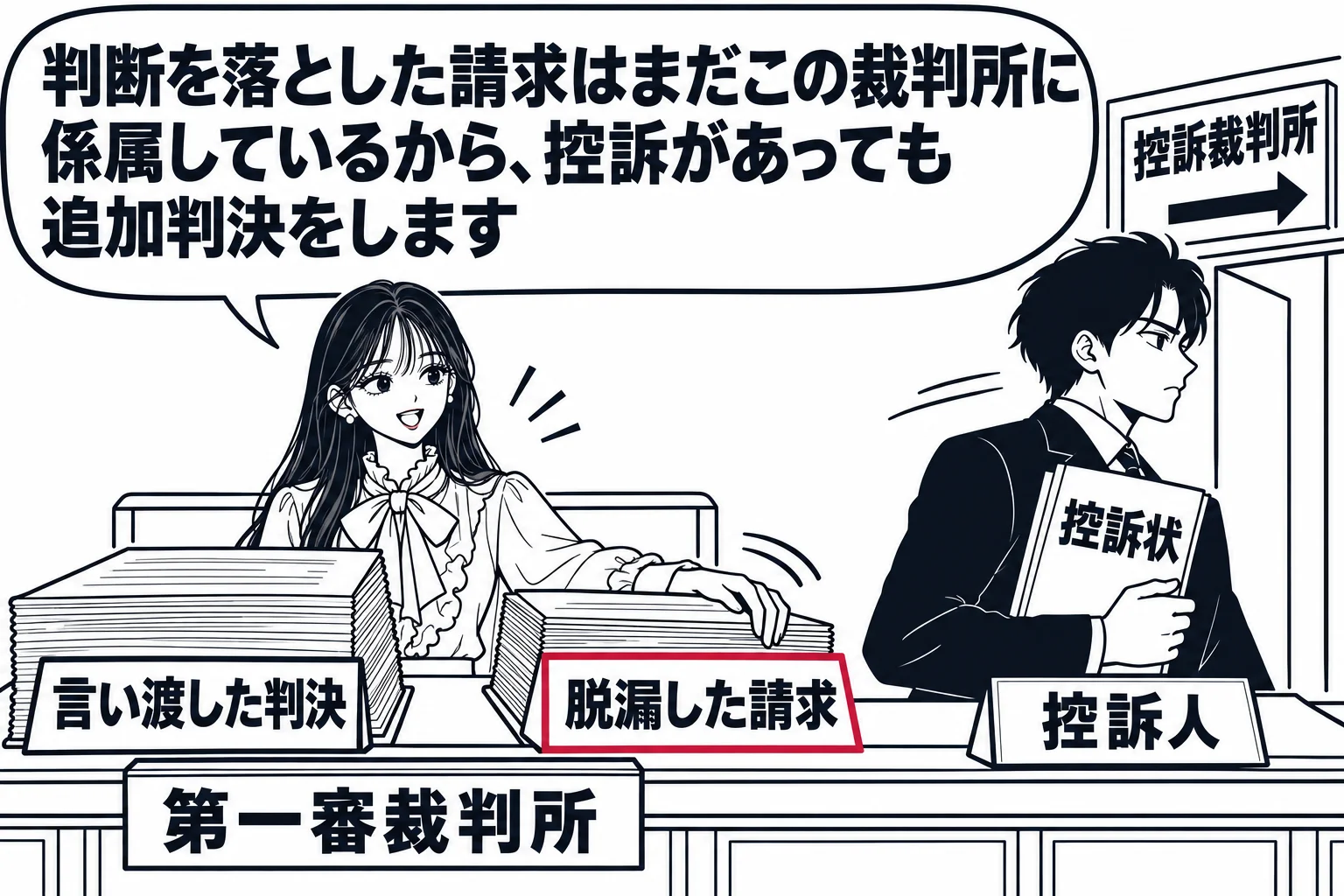 法廷の場面。法壇の先生（札「第一審裁判所」）の机の上に、判決書（札「言い渡した判決」）と、その横に取り残された書類の束（札「脱漏した請求」）が置かれている。法廷の出口から、控訴状を持った男性（札「控訴人」）が控訴裁判所の方へ歩いて行く。先生