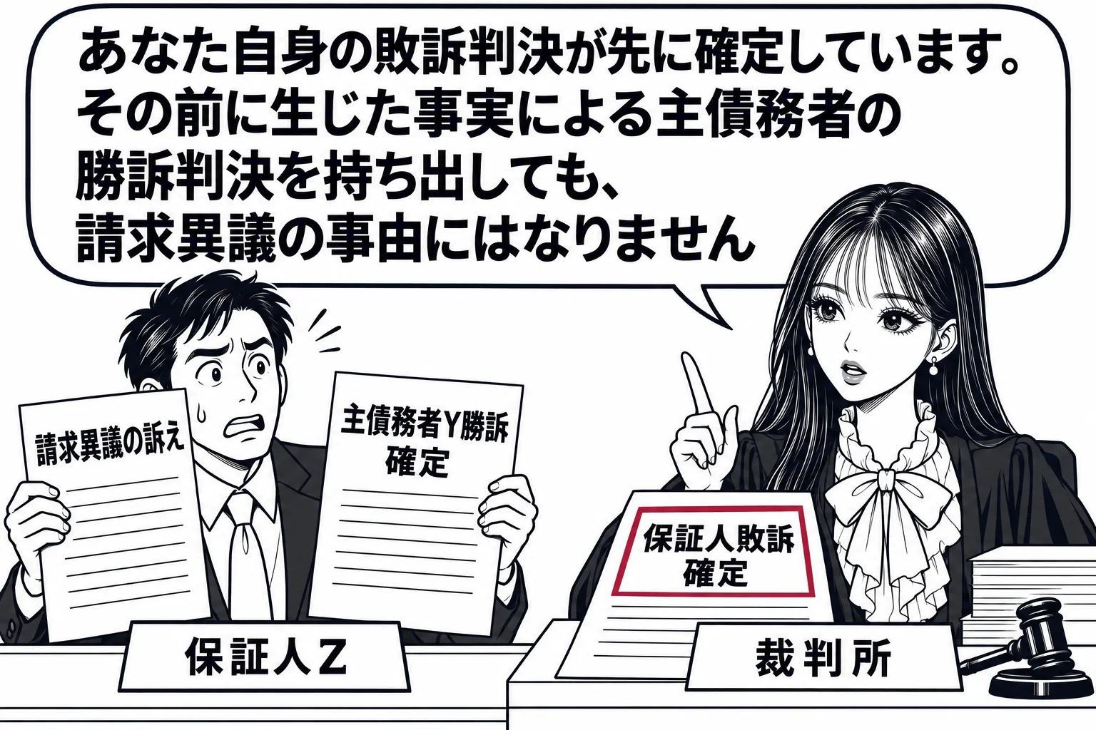 法廷の場面。原告席の男性（札「保証人Z」）が「請求異議の訴え」の訴状と、別の判決書（札「主債務者Y勝訴 確定」）を掲げている。法壇の先生（札「裁判所」）の机の上には、保証人自身の判決書（札「保証人敗訴 確定」）が置かれている。先生の吹き出し