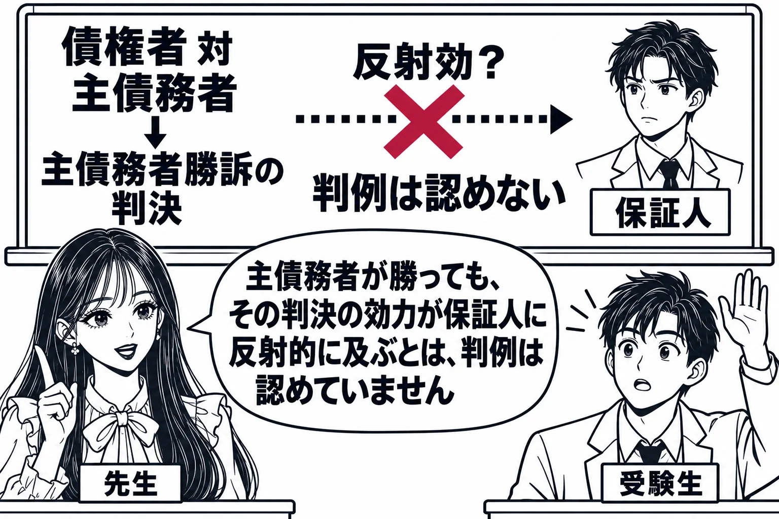 教室の場面。先生が教師役（札「先生」）で黒板の前に立つ。黒板の左に「債権者 対 主債務者 → 主債務者勝訴の判決」、右に「保証人」の人物の絵。左の判決から右の保証人へ点線の矢印が伸び、矢印の途中に「反射効？」と書かれ、大きな×印が付いている