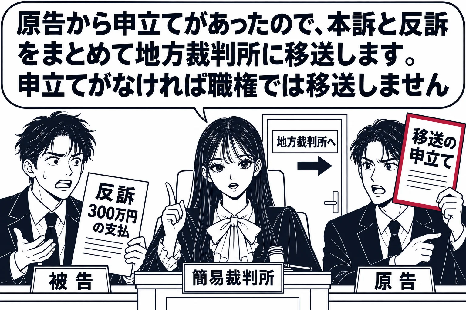 簡易裁判所の法廷の場面。法壇に先生が裁判官役（札「簡易裁判所」）として座る。被告席の男性（札「被告」）が「反訴　300万円の支払」の書面を出し、原告席の男性（札「原告」）が書面「移送の申立て」を掲げている。法壇の後ろの扉に矢印と看板「地方裁