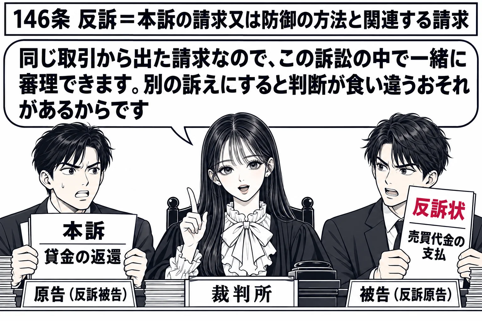 地方裁判所の法廷の場面。原告席の男性（札「原告（反訴被告）」）の前に訴状「本訴　貸金の返還」。被告席の男性（札「被告（反訴原告）」）が書面を掲げ、表題に「反訴状　売買代金の支払」。法壇に先生が裁判官役（札「裁判所」）として座る。先生の吹き出