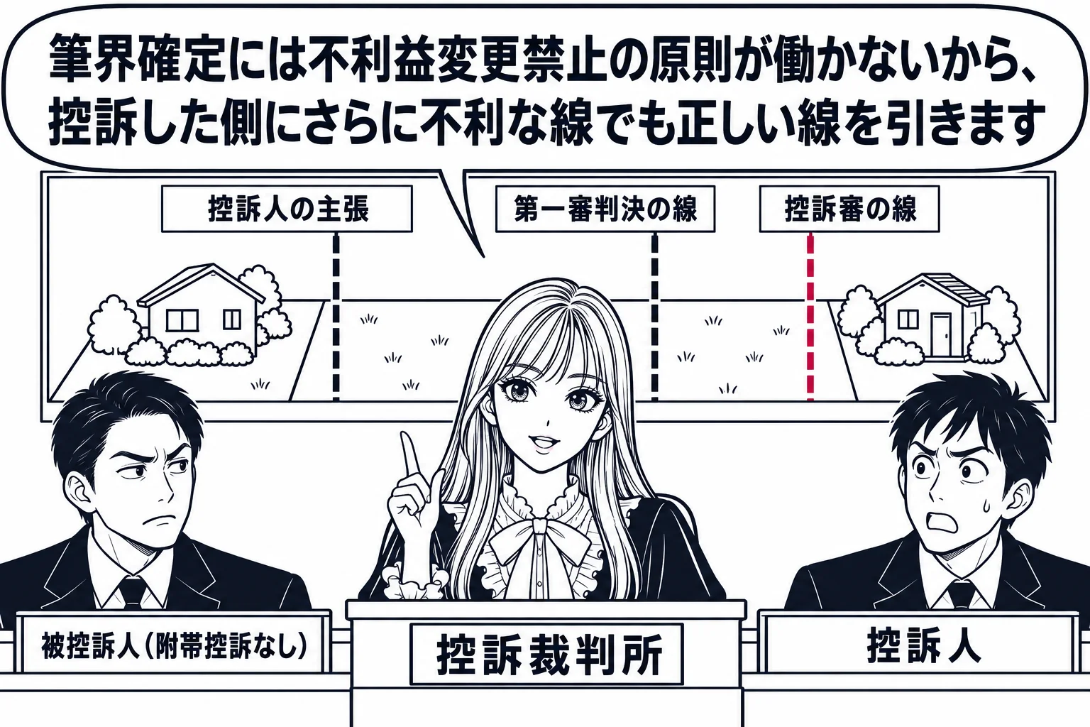 控訴審の法廷の場面。正面の裁判官席に先生（札「控訴裁判所」）が座り、背後の黒板に土地の図があり、線が3本引かれている。左から「控訴人の主張」「第一審判決の線」「控訴審の線」と札が付き、「控訴審の線」は控訴人の側にさらに寄っている。控訴人席に