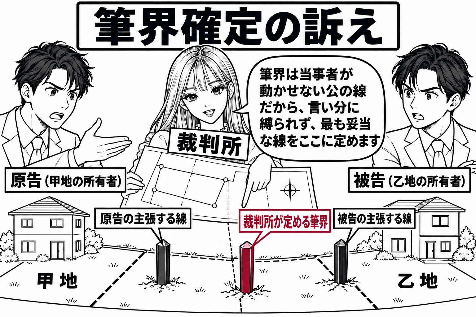 住宅地の2区画の土地の間に立つ現地見分の場面。地面に杭が2本打たれ、それぞれに札「原告の主張する線」「被告の主張する線」が付いている。2本の杭の外側に、先生が裁判官役（札「裁判所」）で測量図を持ち、3本目の杭を指さしている。3本目の杭の札「