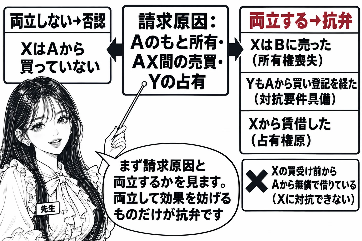 教室の黒板の板書の図解。中央に「請求原因：Aのもと所有・AX間の売買・Yの占有」と書いた横長の箱。その左に「両立しない→否認」の枠で「XはAから買っていない」、右に「両立する→抗弁」の枠で「XはBに売った（所有権喪失）」「YもAから買い登記