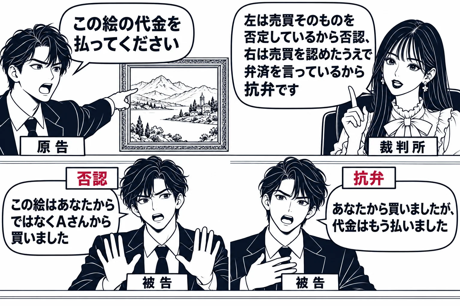 法廷の場面。原告の男性（札「原告」）が額縁入りの絵画を指さし「この絵の代金を払ってください」と言っている。被告席に二人の被告役が並び、どちらも札「被告」。左の被告の吹き出し「この絵はあなたからではなくAさんから買いました」、その上に小さな札