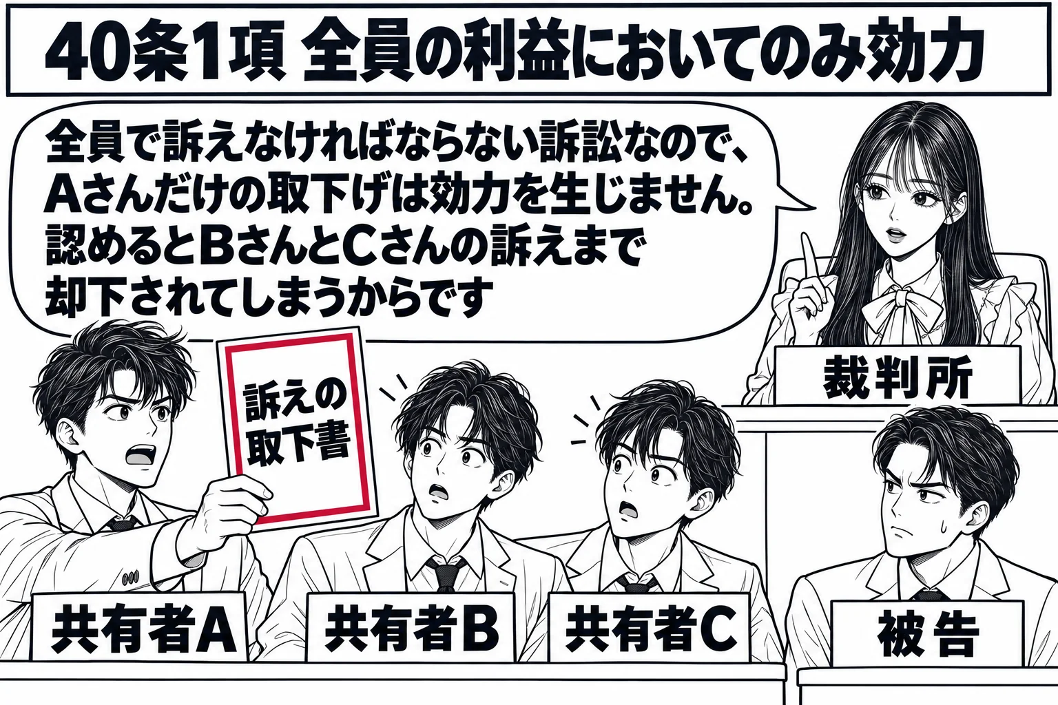地方裁判所の法廷の場面。原告席に男性が3人並び（札「共有者A」「共有者B」「共有者C」）、Aだけが立ち上がって書面「訴えの取下書」を差し出している。BとCは驚いた顔でAを見ている。被告席に男性（札「被告」）。法壇に先生が裁判官役（札「裁判所