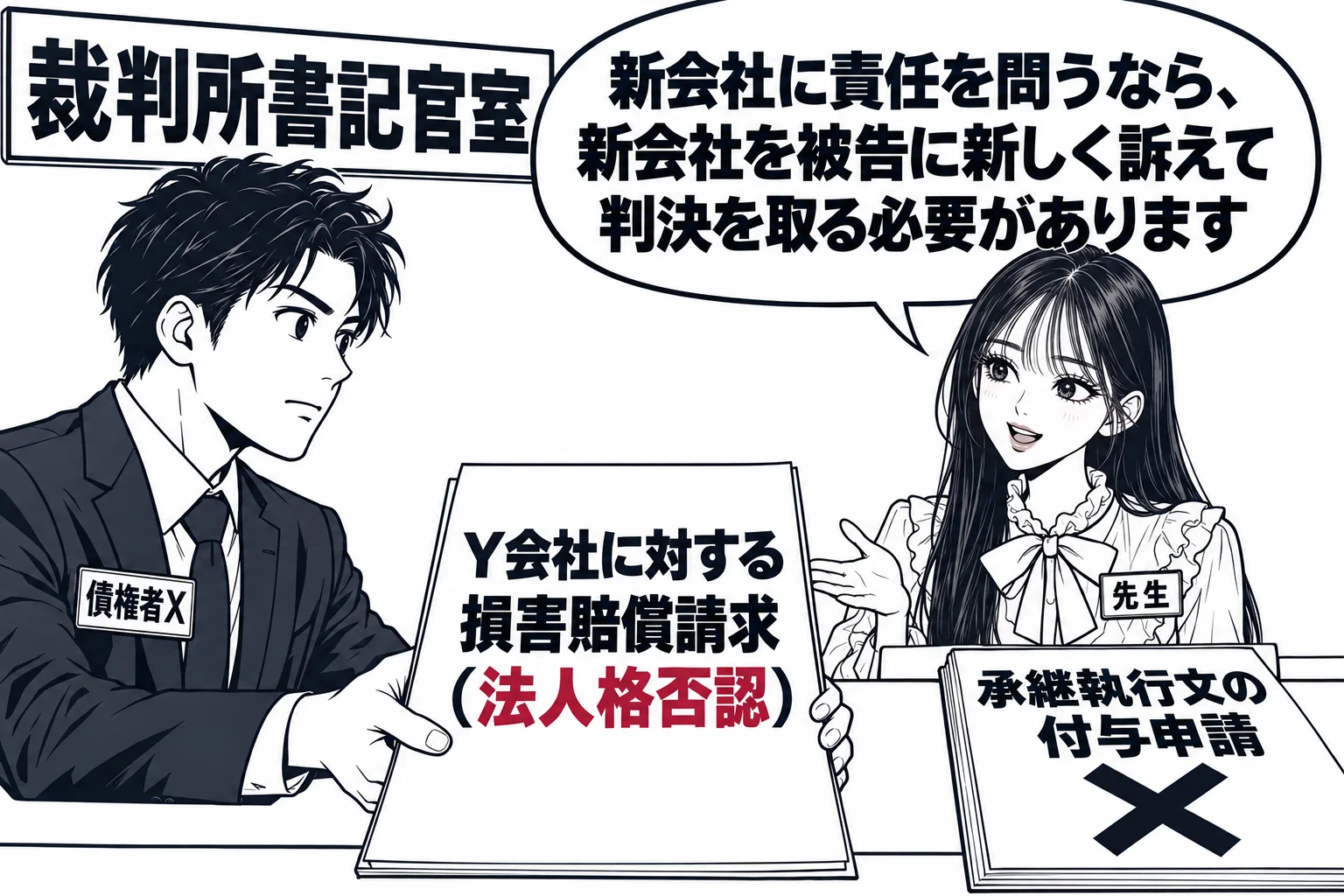 裁判所書記官室の受付の場面。カウンターに男性（札「債権者X」）が新しい訴状（表題「Y会社に対する損害賠償請求（法人格否認）」）を提出している。カウンターの横には「承継執行文の付与申請」と書かれた書類が×印付きで置かれている。カウンターの奥の