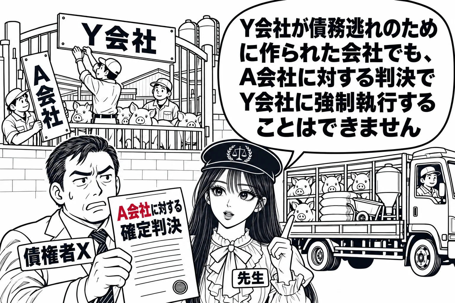 養豚場の場面。門の看板が「A会社」から「Y会社」に掛け替えられている途中で、トラックに設備と豚が積まれ、作業員も同じ顔ぶれ。門の前に判決書（札「A会社に対する確定判決」）を持った男性（札「債権者X」）と、執行官の帽子をかぶった先生（札「先生