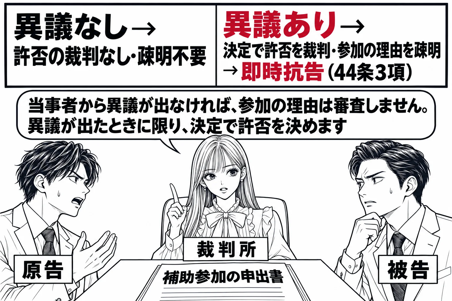 裁判官室の場面。机の上に「補助参加の申出書」が置かれている。先生が裁判官役（札「裁判所」）で机に座り、手前に男性二人（札「原告」「被告」）が立っている。黒板の左に「異議なし → 許否の裁判なし・疎明不要」、右に「異議あり → 決定で許否を裁