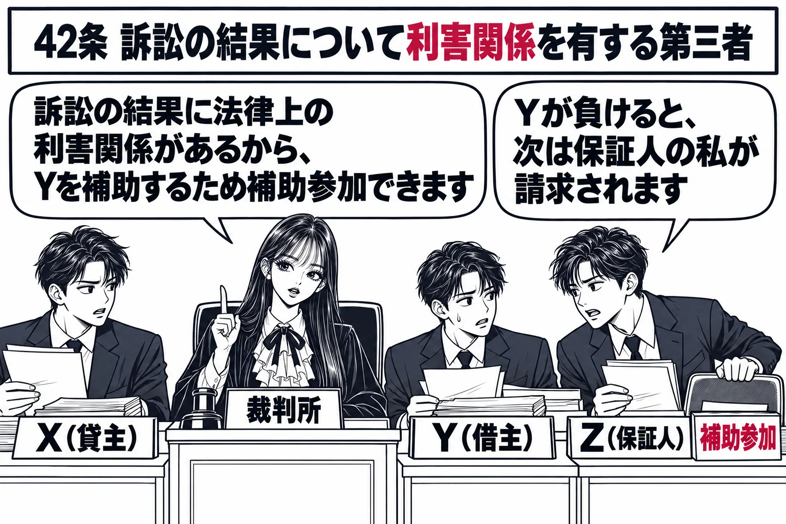 法廷の場面。原告席に男性（札「X（貸主）」）、被告席に男性（札「Y（借主）」）。被告席の横に補助参加人の席があり、男性（札「Z（保証人）」）が座ろうとしている。先生が裁判官役（札「裁判所」）で裁判官席に座っている。Zの吹き出し「Yが負けると