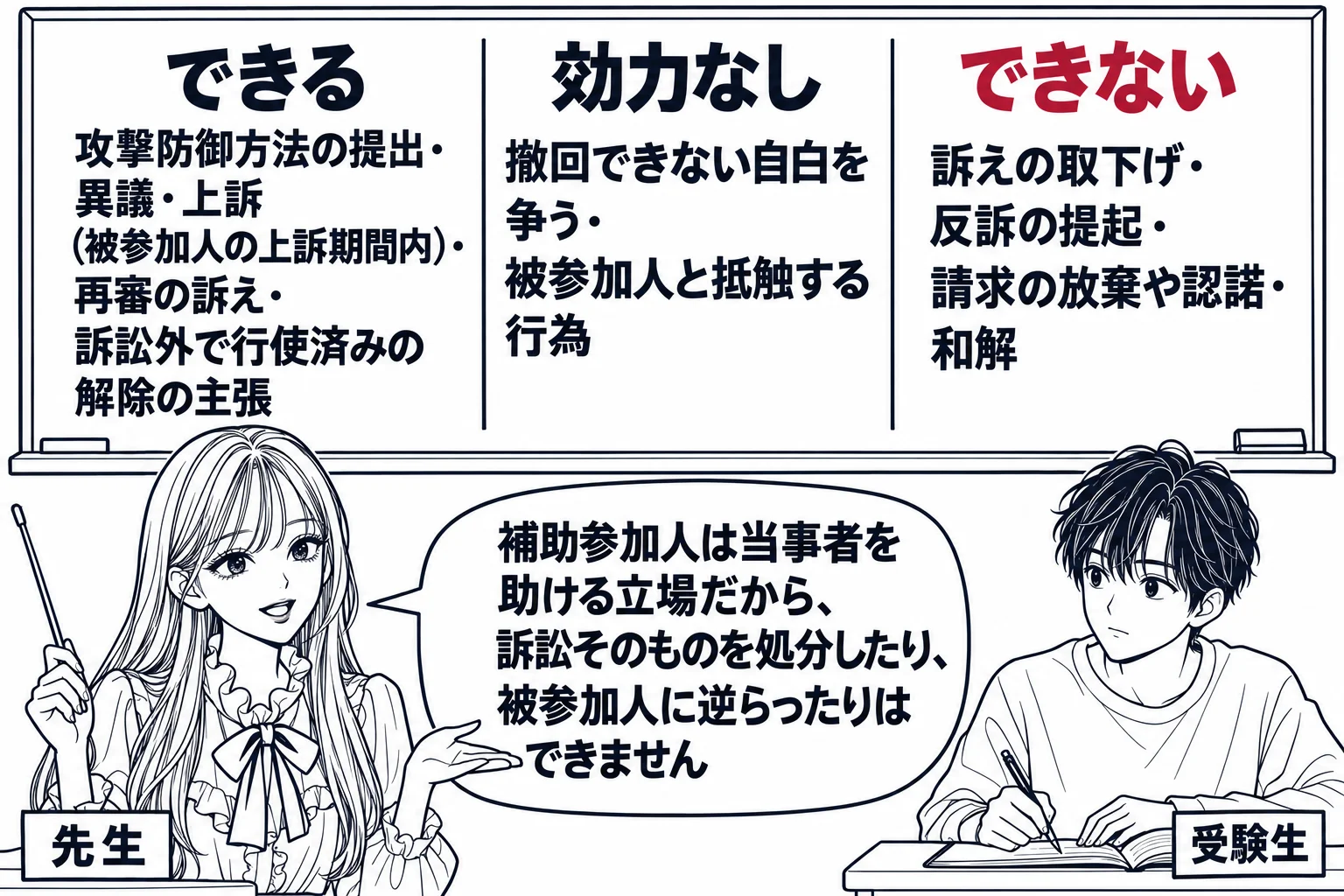 教室の場面。先生が教師役（札「先生」）で黒板の前に立つ。黒板に三列の表「できる：攻撃防御方法の提出・異議・上訴（被参加人の上訴期間内）・再審の訴え・訴訟外で行使済みの解除の主張」「効力なし：撤回できない自白を争う・被参加人と抵触する行為」「