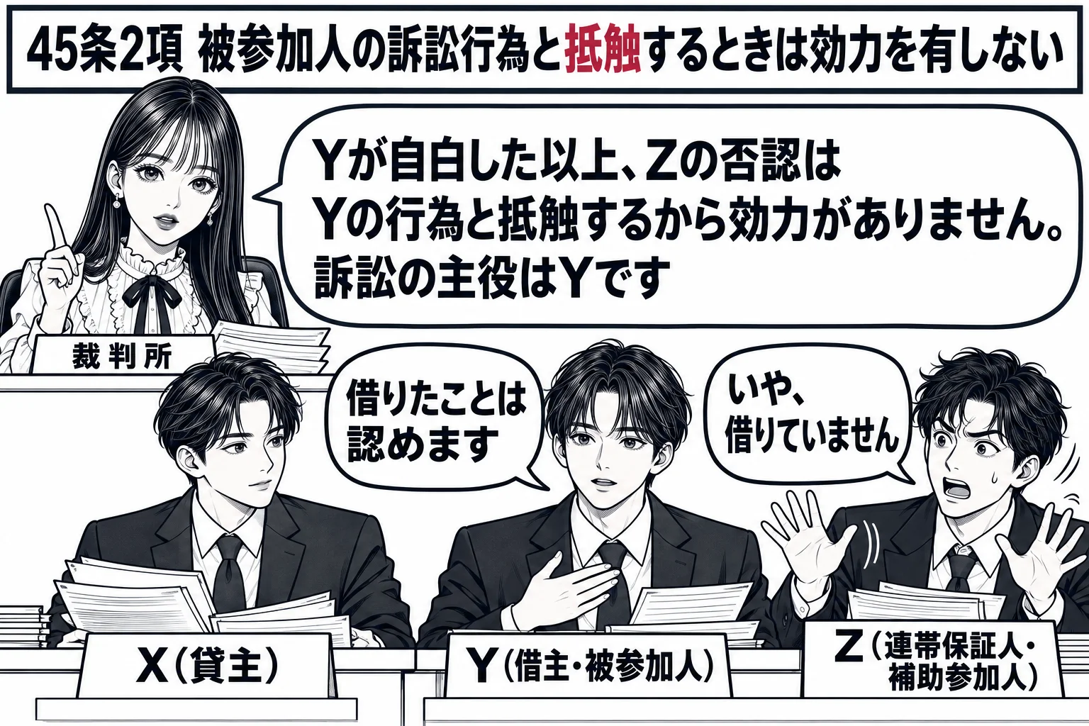 法廷の場面。原告席に男性（札「X（貸主）」）、被告席に男性（札「Y（借主・被参加人）」）、その隣の席に男性（札「Z（連帯保証人・補助参加人）」）。Yが「借りたことは認めます」と言い、Zが慌てて「いや、借りていません」と言いかけている。先生が