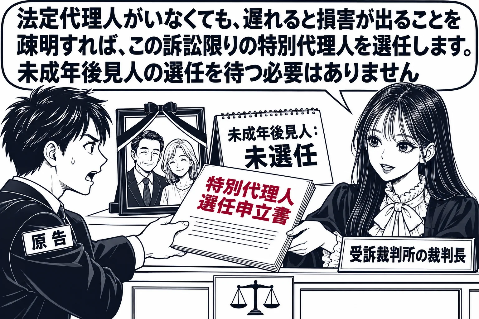 裁判所の受付の場面。カウンターの外に男性（札「原告」）が立ち、「特別代理人選任申立書」と書かれた書面を差し出している。書面の横に写真立て（両親の写真、喪章付き）と「未成年後見人：未選任」と書かれたメモ。先生が裁判長役（札「受訴裁判所の裁判長