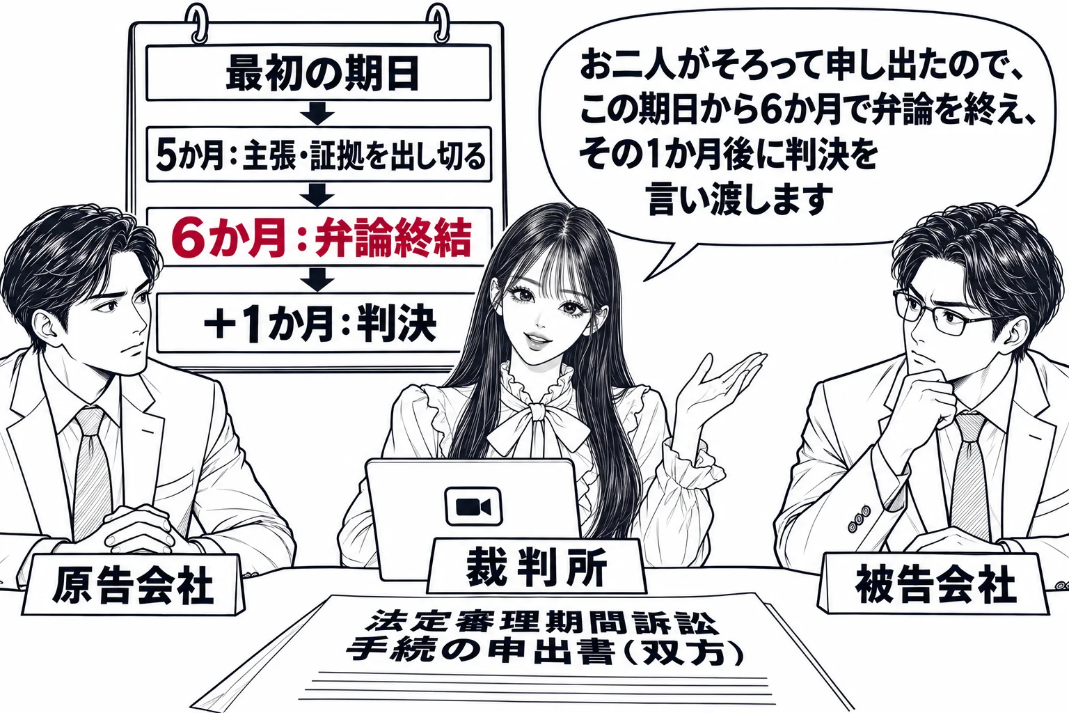 地方裁判所のウェブ会議ができる弁論準備手続の部屋の場面。机を囲んで、先生が裁判長役（札「裁判所」）、男性二人（札「原告会社」「被告会社」）が座る。壁のカレンダーに「最初の期日」から矢印が伸び、「5か月：主張・証拠を出し切る」「6か月：弁論終
