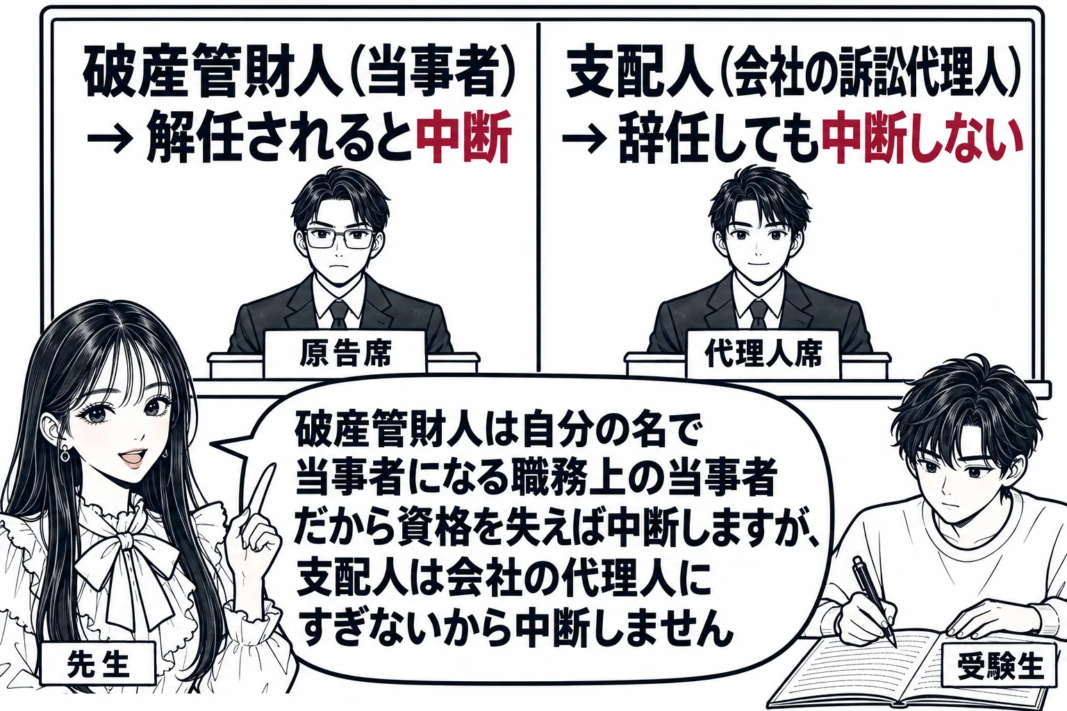教室の場面。先生が教師役（札「先生」）で黒板の前に立つ。黒板は左右に分かれ、左に「破産管財人（当事者）→ 解任されると中断」、右に「支配人（会社の訴訟代理人）→ 辞任しても中断しない」と書かれ、左の破産管財人の絵は原告席、右の支配人の絵は代