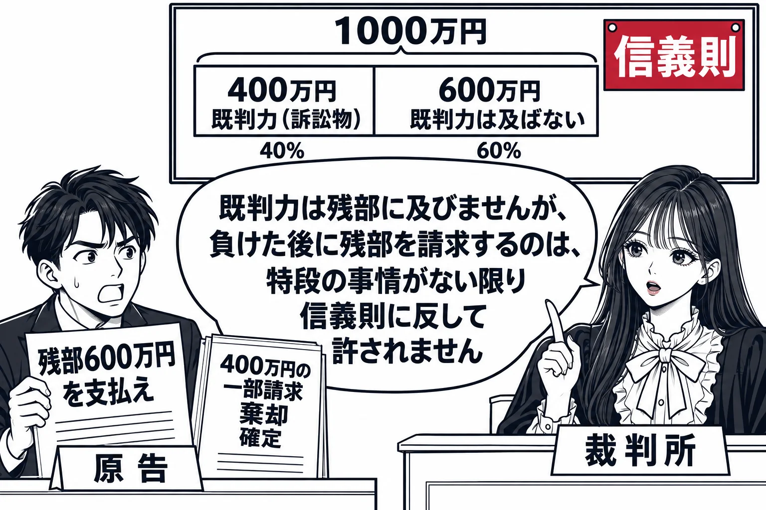 法廷の場面。原告席の男性（札「原告」）が訴状「残部600万円を支払え」を出し、その横に前の判決書（札「400万円の一部請求 棄却 確定」）。法壇の先生（札「裁判所」）の後ろの黒板に帯グラフ「1000万円」が描かれ、左の400万円部分に「既判