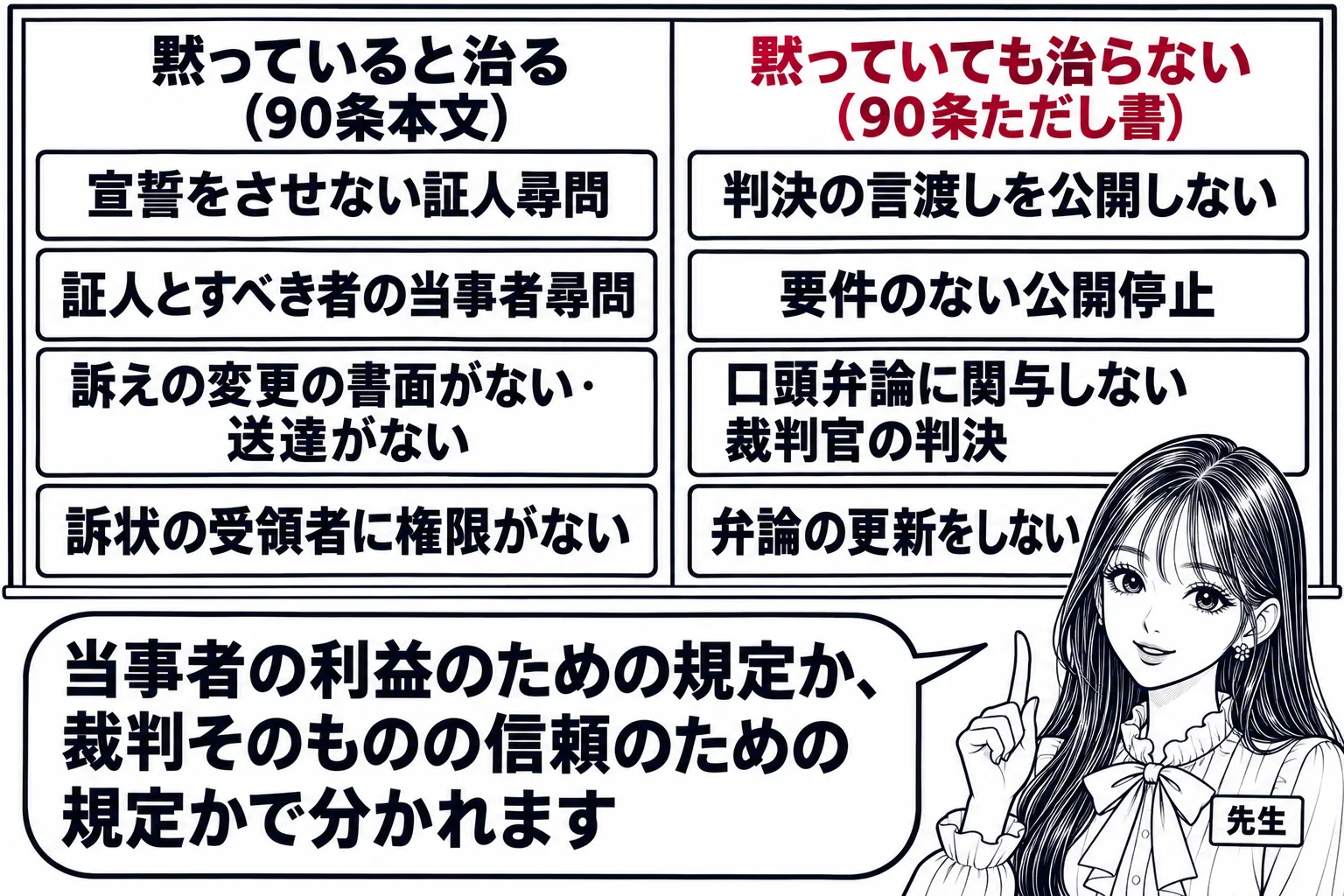 教室の黒板の板書の図解。左右2列。左の見出し「黙っていると治る（90条本文）」に「宣誓をさせない証人尋問」「証人とすべき者の当事者尋問」「訴えの変更の書面がない・送達がない」「訴状の受領者に権限がない」。右の見出し「黙っていても治らない（9