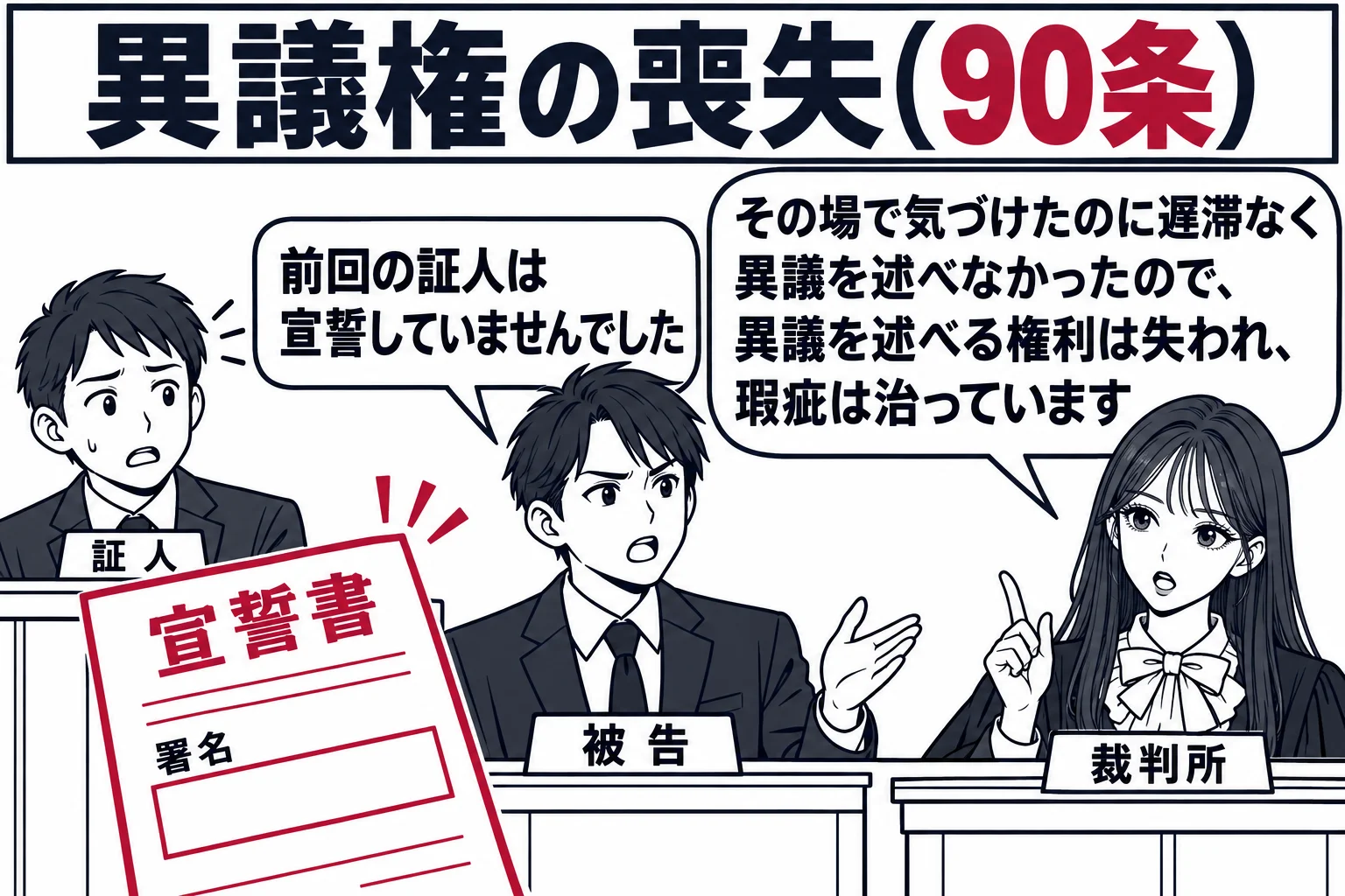 公開の法廷。証言台の証人（札「証人」）は宣誓書に署名しないまま証言を終えたところ。次の期日の場面として、被告代理人（札「被告」）が立ち上がり「前回の証人は宣誓していませんでした」と言っている。法壇の先生（札「裁判所」）の吹き出し「その場で気