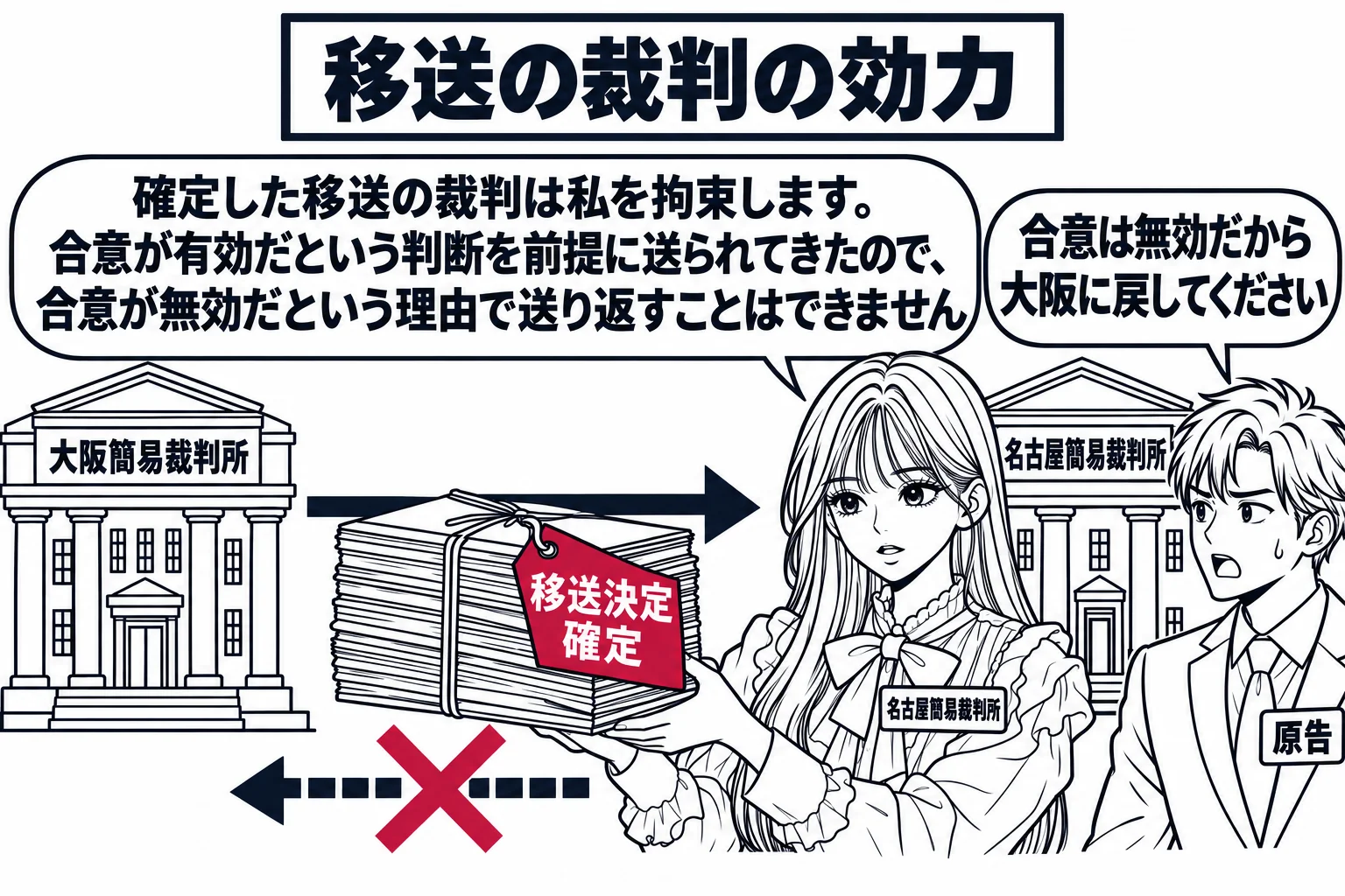2つの裁判所の間の場面。左の建物の看板「大阪簡易裁判所」、右の建物の看板「名古屋簡易裁判所」。左から右へ訴訟記録の束が運ばれ、束に「移送決定 確定」の札が付いている。右の建物の前に先生が裁判官役（札「名古屋簡易裁判所」）として立ち、記録の束