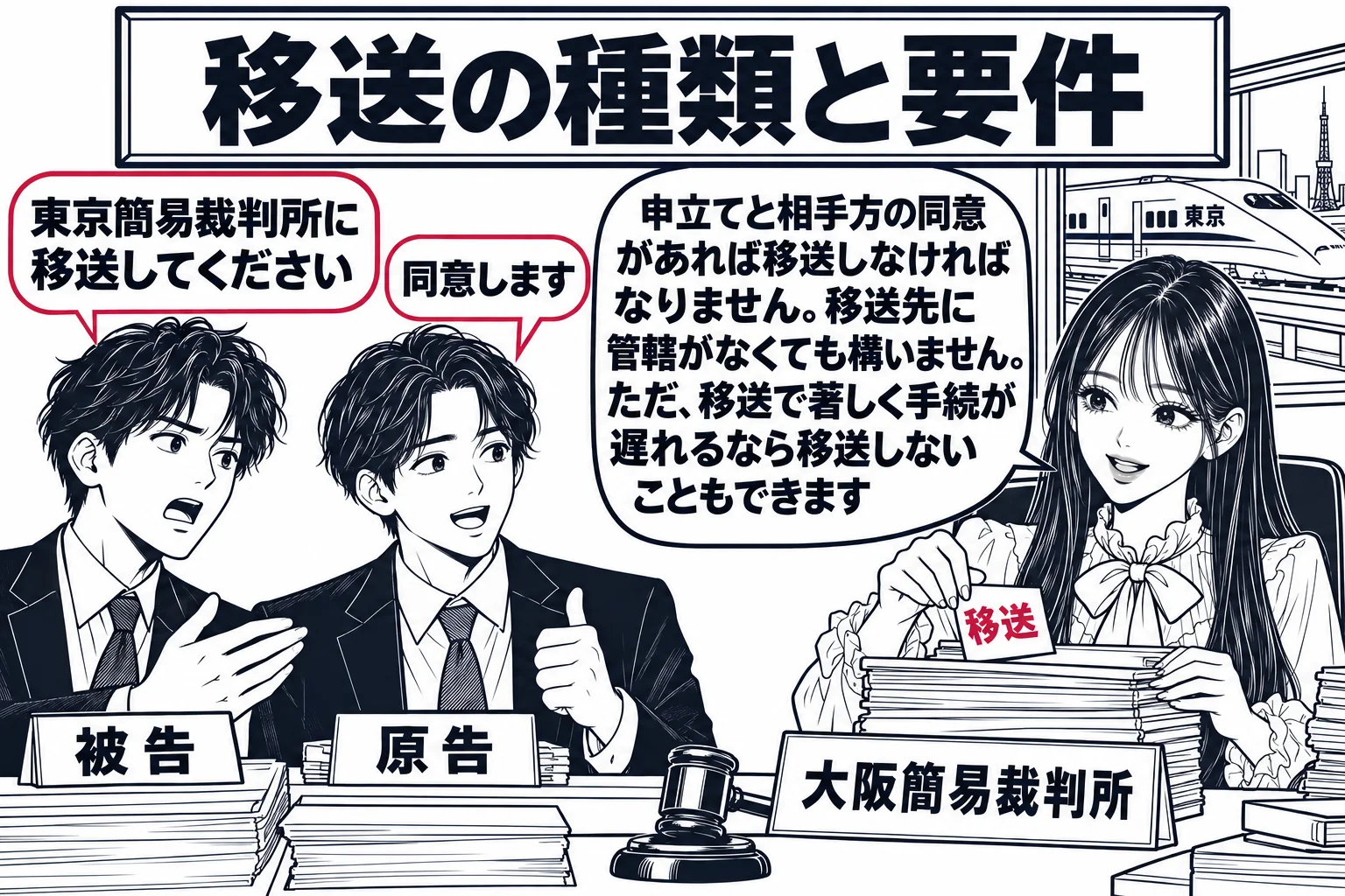 裁判官室の場面。先生が裁判官役（札「大阪簡易裁判所」）として机に座り、手元の訴訟記録の束に「移送」と書かれた付箋を貼っている。机の前に男性2人が立ち、1人（札「被告」）が「東京簡易裁判所に移送してください」と言い、もう1人（札「原告」）が「