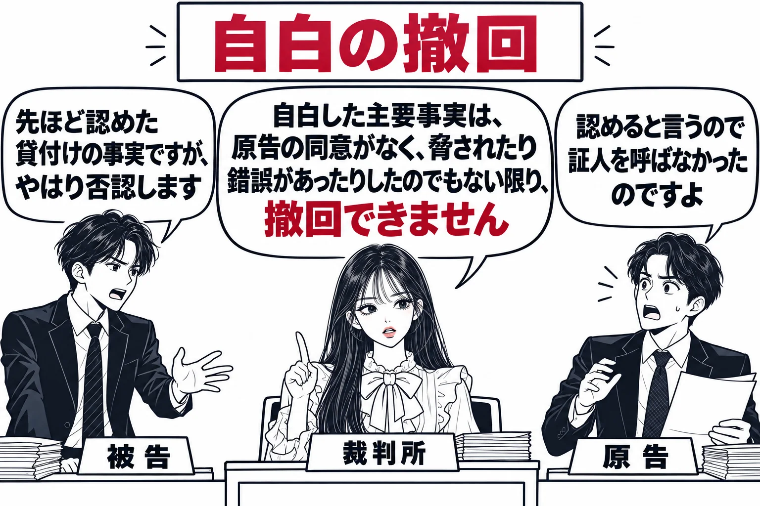 法廷の場面。被告代理人（札「被告」）が立ち上がり「先ほど認めた貸付けの事実ですが、やはり否認します」と言っている。原告代理人（札「原告」）が驚いた顔で「認めると言うので証人を呼ばなかったのですよ」と言っている。裁判官席に先生が裁判官役（札「