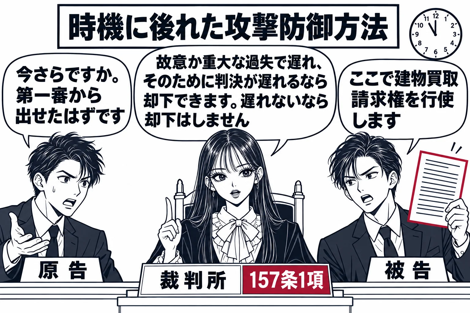 公開の法廷。弁論終結間際の場面で、法壇の先生が裁判長役（札「裁判所」）。被告代理人（札「被告」）が新しい書面を掲げ「ここで建物買取請求権を行使します」。原告代理人（札「原告」）の吹き出し「今さらですか。第一審から出せたはずです」。先生の吹き