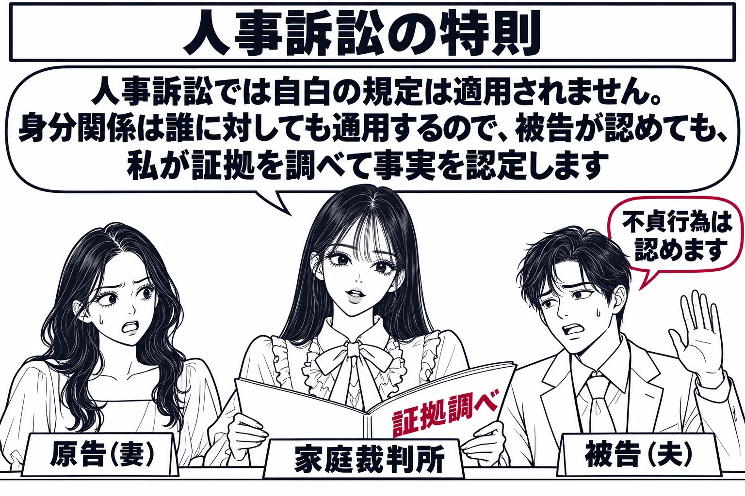 家庭裁判所の法廷の場面。原告席に女性（札「原告（妻）」）、被告席に男性（札「被告（夫）」）が座り、被告が手を挙げて「不貞行為は認めます」と言っている小さな吹き出しがある。正面の裁判官席に先生が裁判官役（札「家庭裁判所」）として座り、手元に「