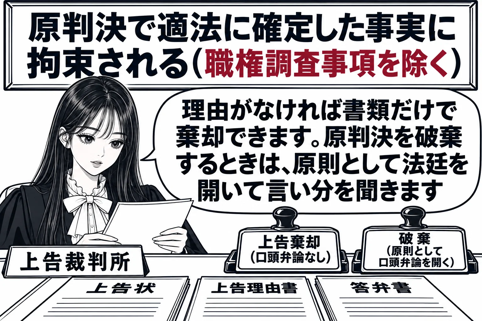 最高裁判所の小法廷の裁判官室の場面。大きな机の上に「上告状」「上告理由書」「答弁書」と書かれた書類が並ぶ。先生が裁判官役（札「上告裁判所」）として書類を読み、手元に二つの判子「上告棄却（口頭弁論なし）」「破棄（原則として口頭弁論を開く）」が