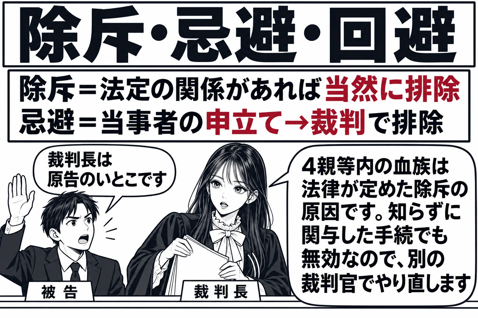 民事の法廷の場面。被告席の男性（札「被告」）が立ち上がり、手を挙げて「裁判長は原告のいとこです」と言っている小さな吹き出しがある。正面の裁判官席の中央に先生が裁判長役（札「裁判長」）として座り、書類を閉じて席を立とうとしている。壁の掲示に「
