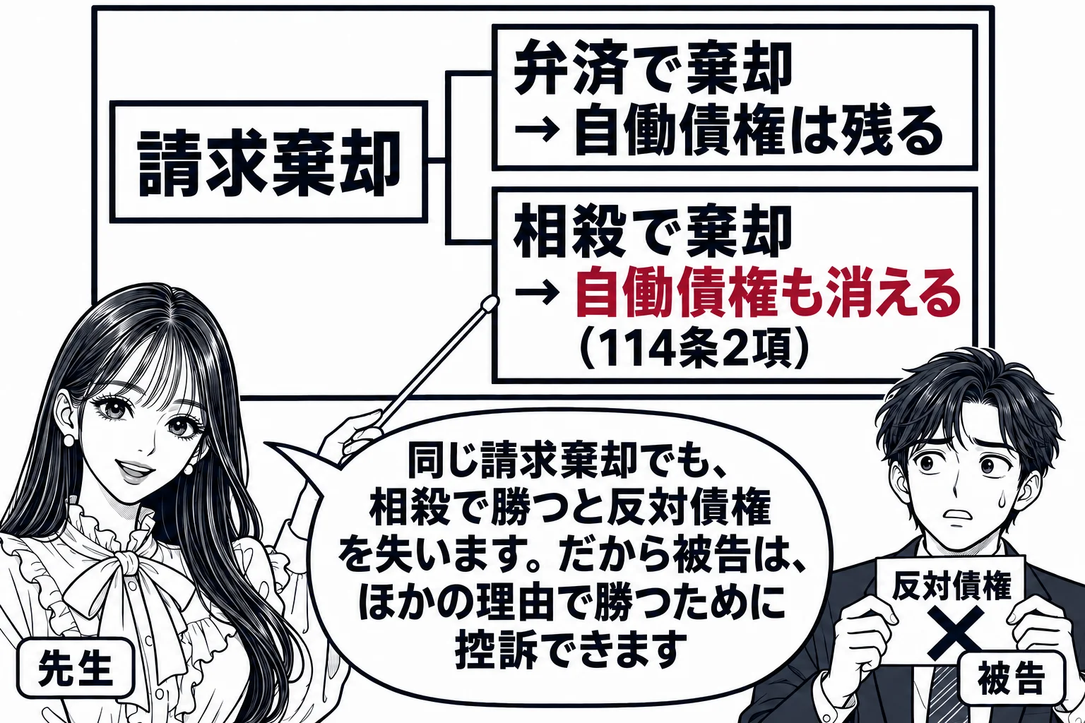 教室の黒板の図解。黒板の左に「請求棄却」、右に二つの枠。上の枠「弁済で棄却 → 自働債権は残る」、下の枠「相殺で棄却 → 自働債権も消える（114条2項）」。下の枠の横に男性（札「被告」）が立ち、手に「反対債権」と書かれた札を持っているが、