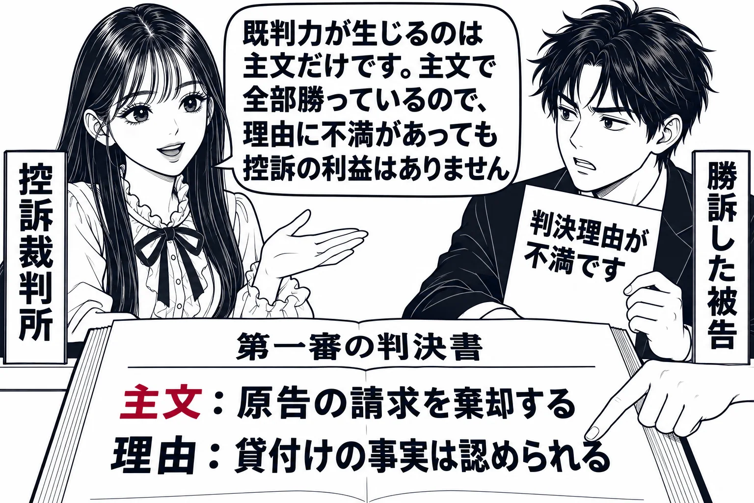 控訴審の書記官室の受付の場面。カウンターに先生が裁判所書記官役（札「控訴裁判所」）として立つ。男性（札「勝訴した被告」）が「判決理由が不満です」と書いた紙を差し出している。カウンターの上に第一審の判決書が開かれ、「主文：原告の請求を棄却する