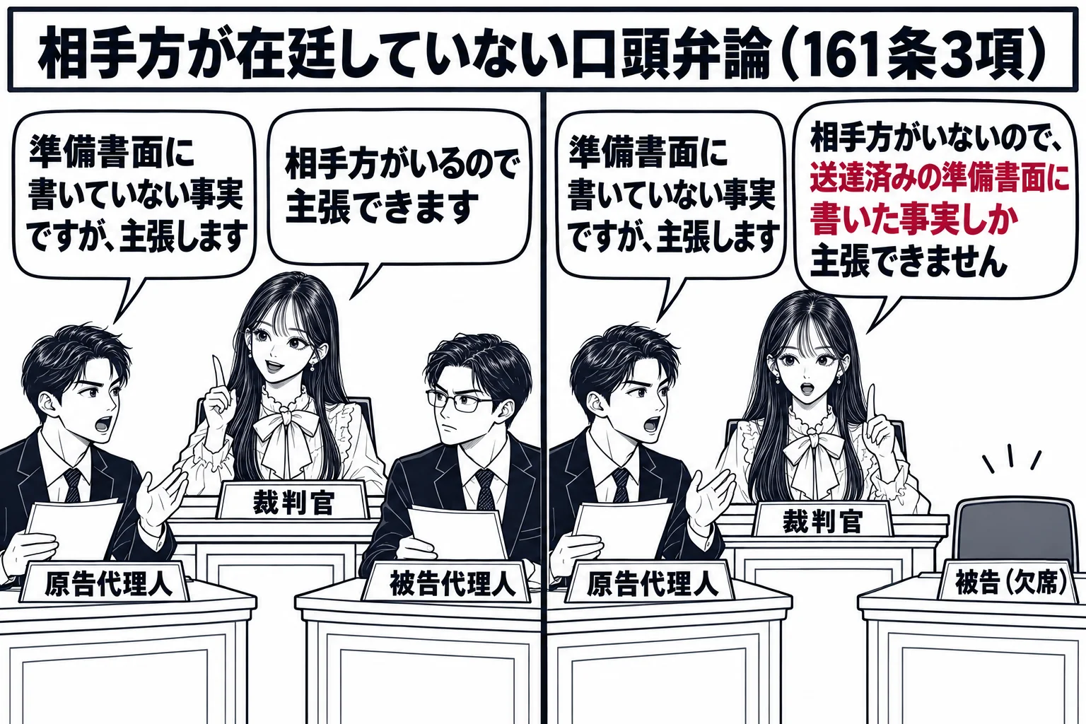 民事の法廷の場面を2コマで並べた図。左のコマは被告席に被告代理人（札「被告代理人」）が座っており、原告代理人（札「原告代理人」）が「準備書面に書いていない事実ですが、主張します」と述べ、裁判官席の先生が「相手方がいるので主張できます」と言っ