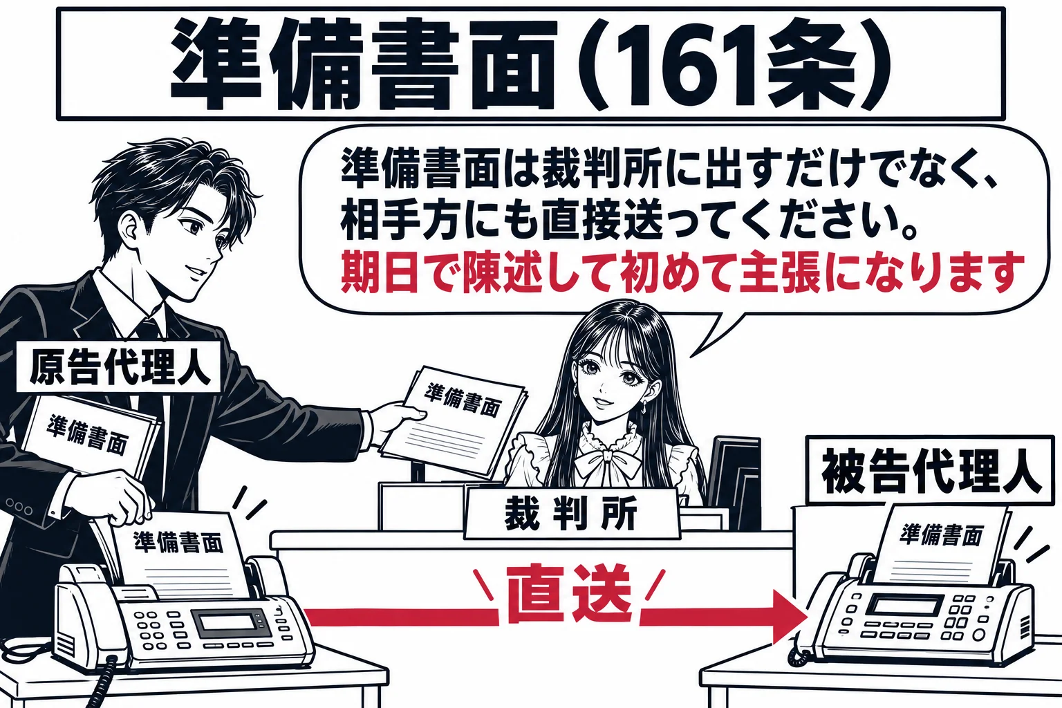 法律事務所から裁判所への流れを描いた場面。左に原告代理人の弁護士（札「原告代理人」）が「準備書面」と書かれた書類を2部持ち、1部を裁判所の受付窓口（看板「裁判所」）に提出し、もう1部をファクスで相手方の事務所（看板「被告代理人」）へ直接送っ