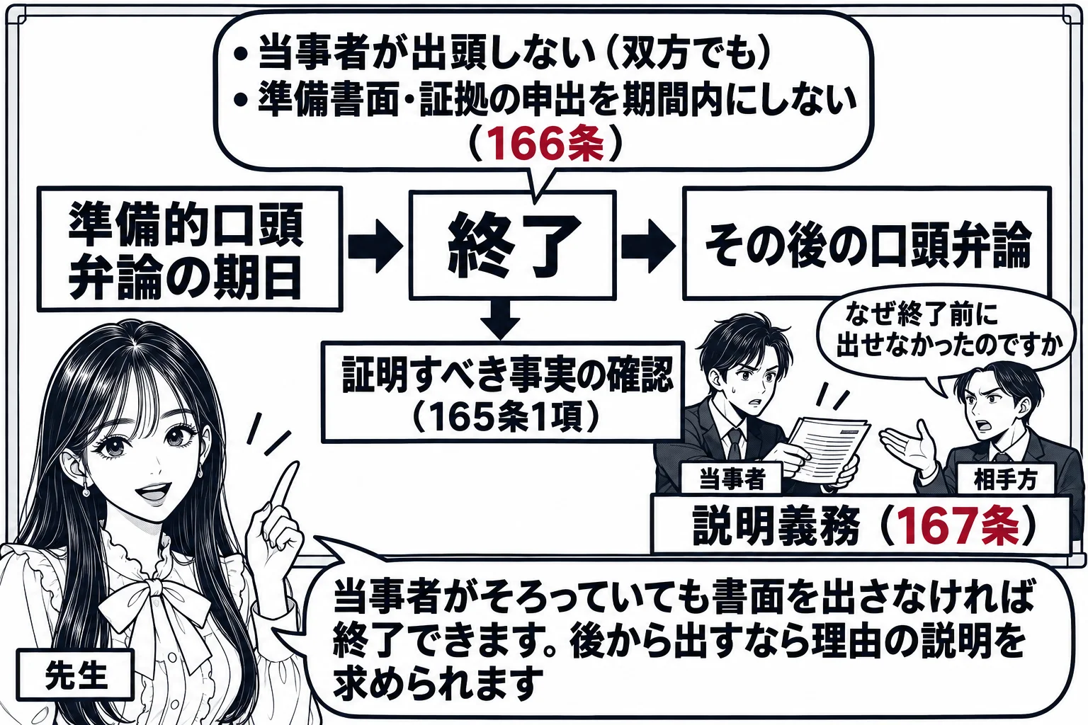 教室の黒板の板書の図解。左から右へ矢印で「準備的口頭弁論の期日」→「終了」→「その後の口頭弁論」。「終了」の上に吹き出し形の枠で「当事者が出頭しない（双方でも）」「準備書面・証拠の申出を期間内にしない」（166条）。「終了」の下に「証明すべ