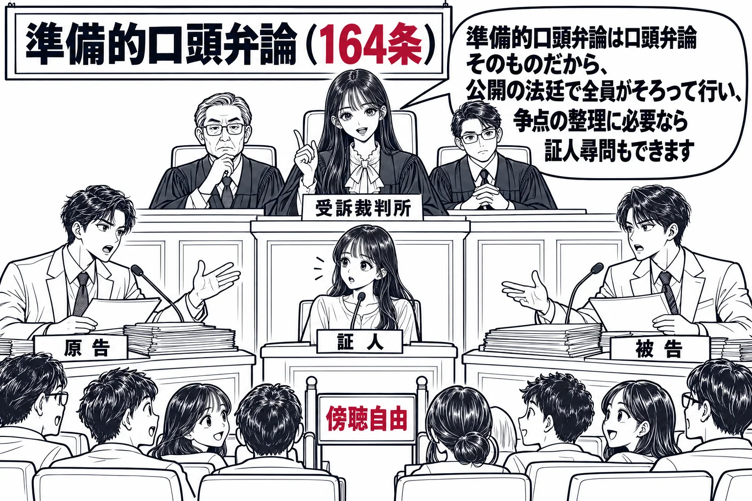 公開の法廷の場面。法壇に裁判官3人が並び、中央の先生が裁判長役（札「受訴裁判所」）。傍聴席には一般の傍聴人が座り、入口の札「傍聴自由」。証言台に証人（札「証人」）が立ち、左右に原告代理人（札「原告」）と被告代理人（札「被告」）。先生の吹き出
