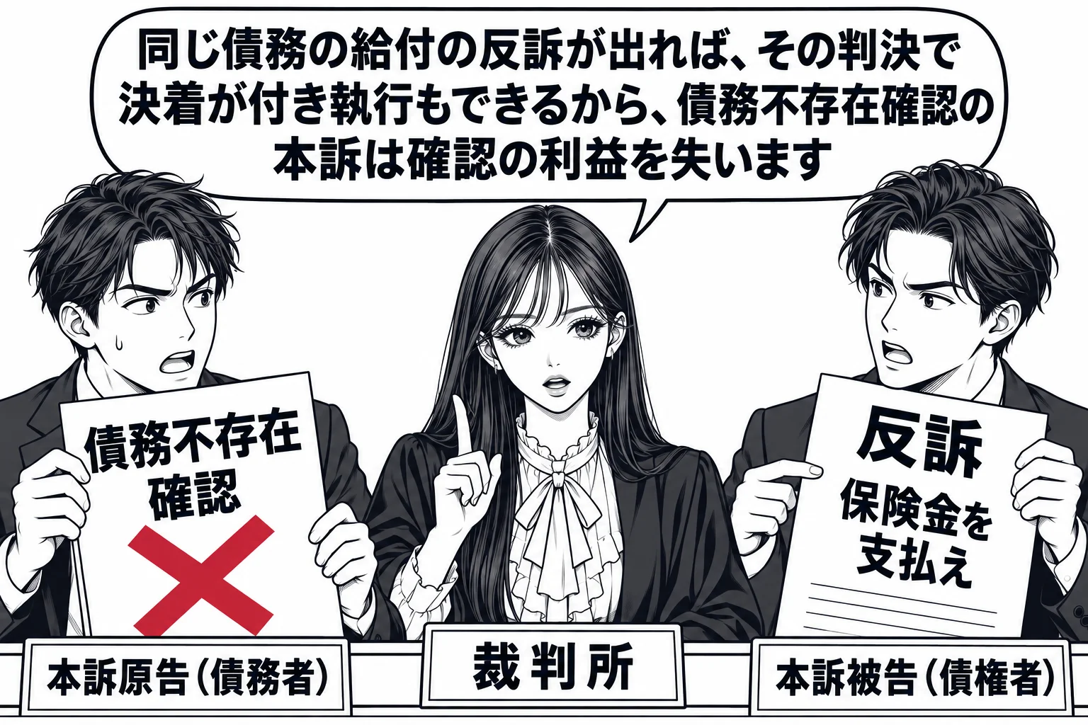 法廷の場面。裁判官席の先生（札「裁判所」）の前で、左の当事者席に男性（札「本訴原告（債務者）」）が「債務不存在確認」と書いた訴状を持ち、右の当事者席に男性（札「本訴被告（債権者）」）が「反訴　保険金を支払え」と書いた反訴状を掲げている。左の