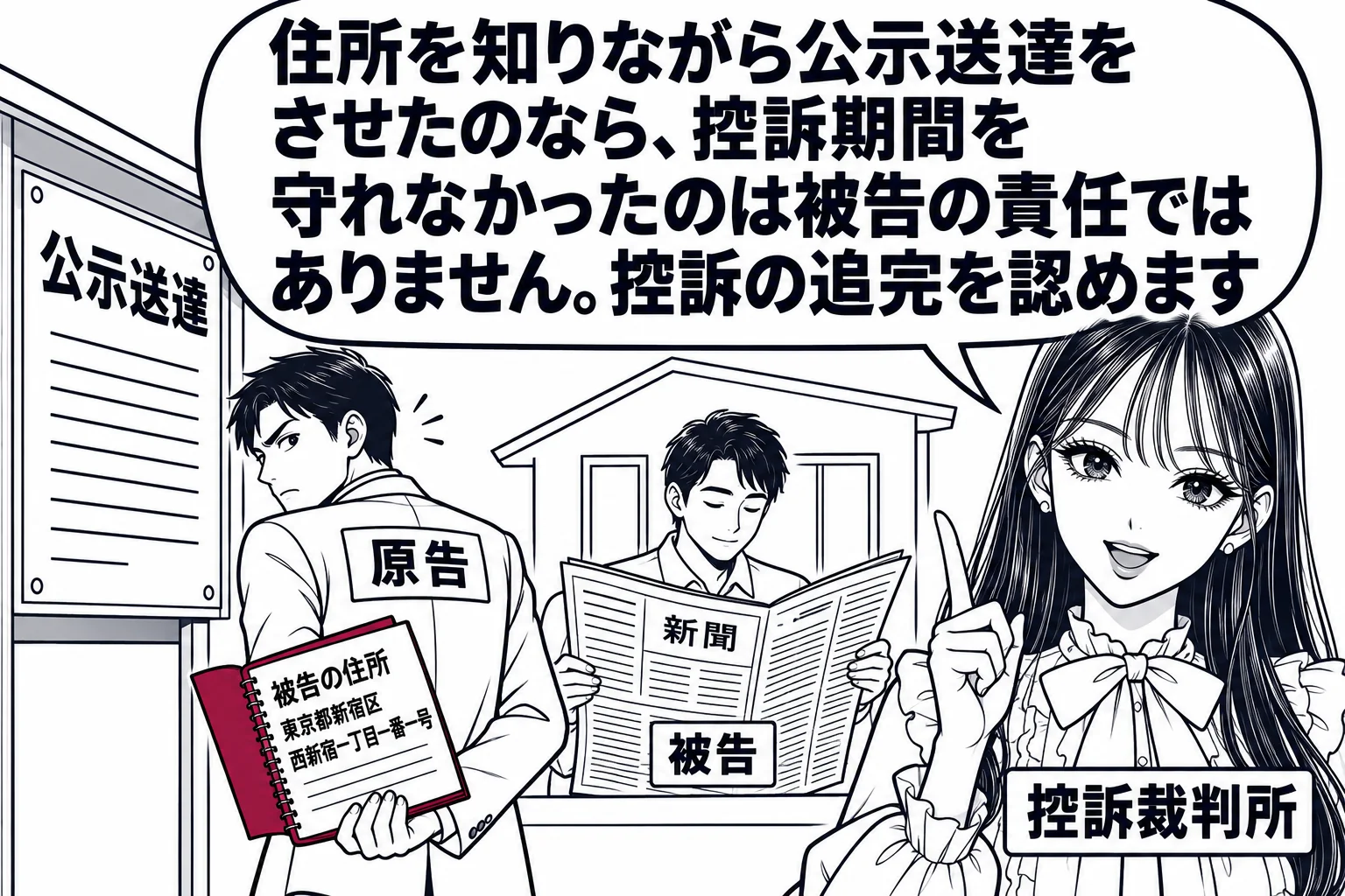 裁判所の掲示場の前の場面。掲示板に「公示送達」と書かれた紙が貼られている。その横で男性（札「原告」）が手帳を後ろ手に隠しており、手帳の開いたページに被告の住所が書いてあるのが見える。少し離れた家の中で男性（札「被告」）が何も知らずに新聞を読