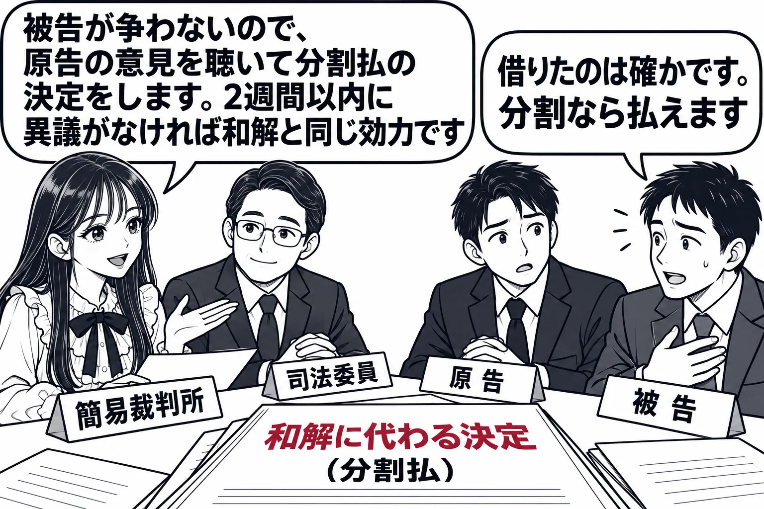 簡易裁判所の和室風の和解室の場面。机を囲んで、先生が裁判官役（札「簡易裁判所」）、その隣に男性（札「司法委員」）、向かい側に男性（札「原告」）と男性（札「被告」）が座る。被告が「借りたのは確かです。分割なら払えます」と書かれた吹き出しを出し