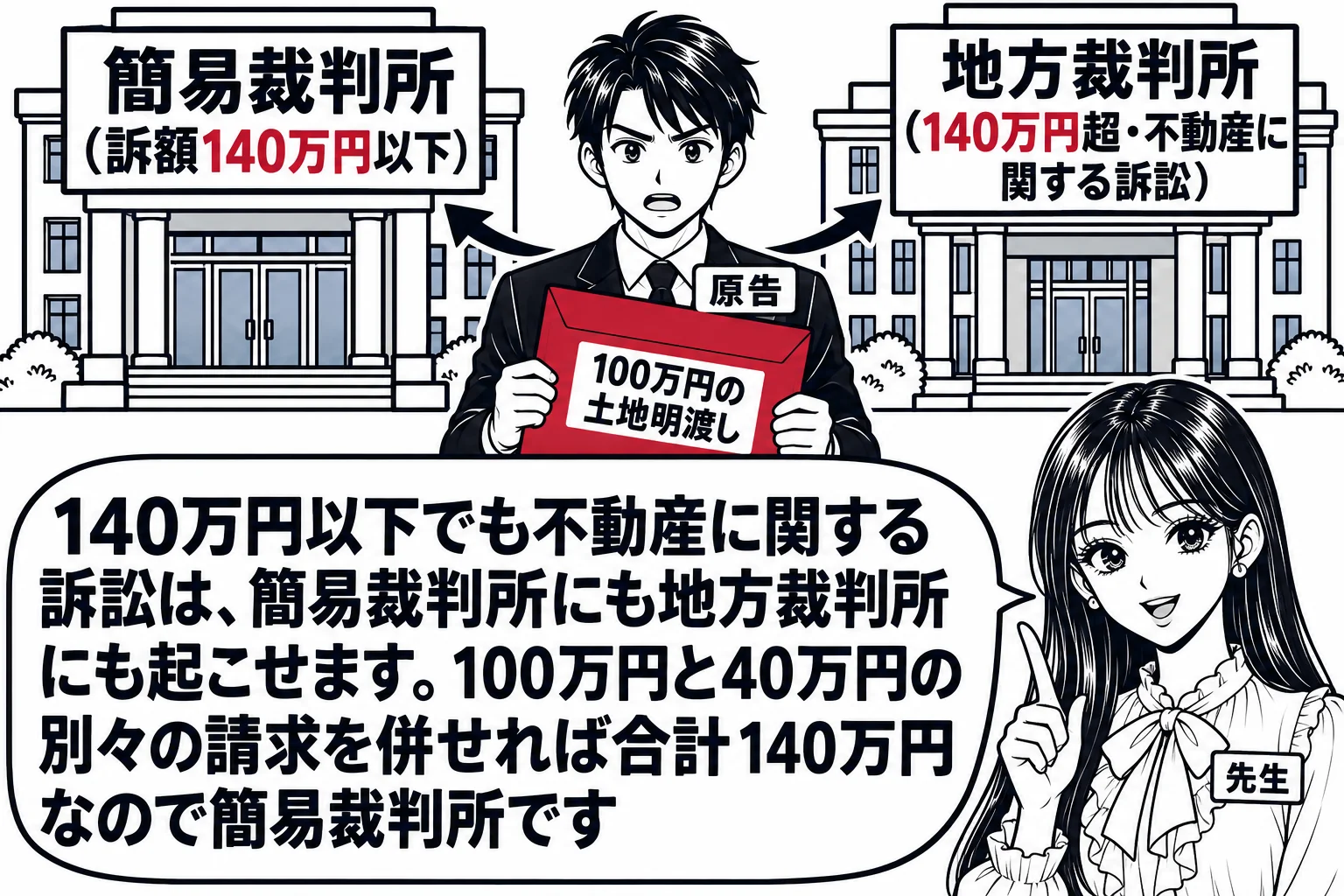 簡易裁判所と地方裁判所の建物が並んだ場面。左の建物の看板「簡易裁判所（訴額140万円以下）」、右の建物の看板「地方裁判所（140万円超・不動産に関する訴訟）」。2つの建物の間に「100万円の土地明渡し」と書かれた封筒を持った男性（札「原告」