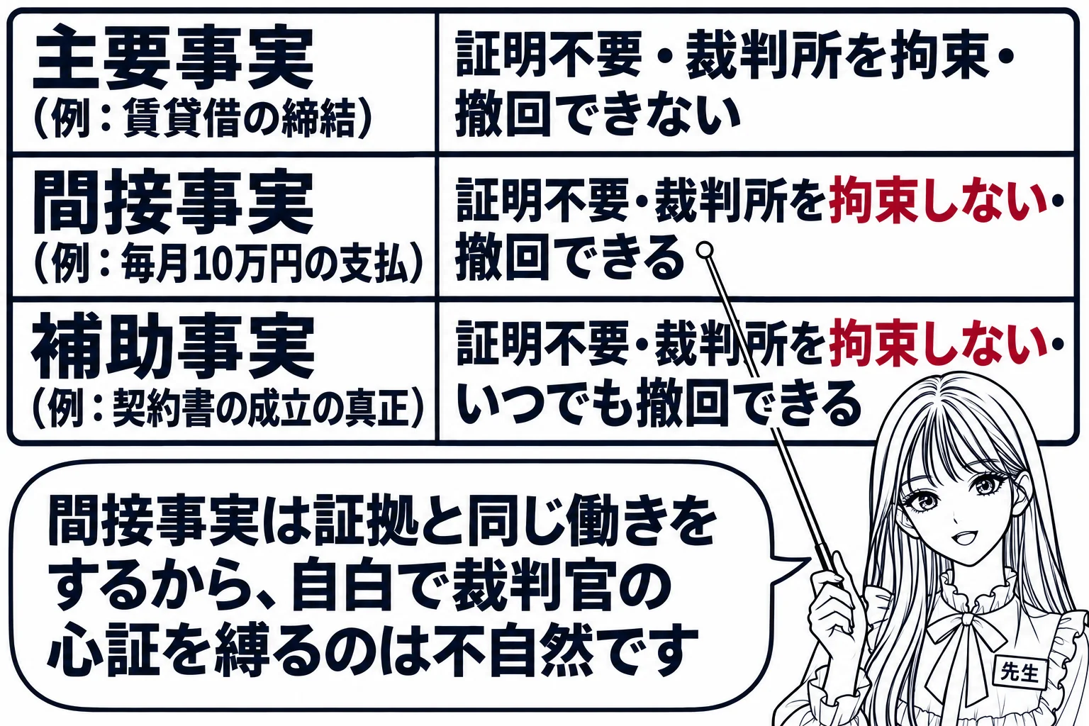 教室の黒板の板書の図解。三段の棚の図で、上段「主要事実（例：賃貸借の締結）」の横に「証明不要・裁判所を拘束・撤回できない」、中段「間接事実（例：毎月10万円の支払）」の横に「証明不要・裁判所を拘束しない・撤回できる」、下段「補助事実（例：契