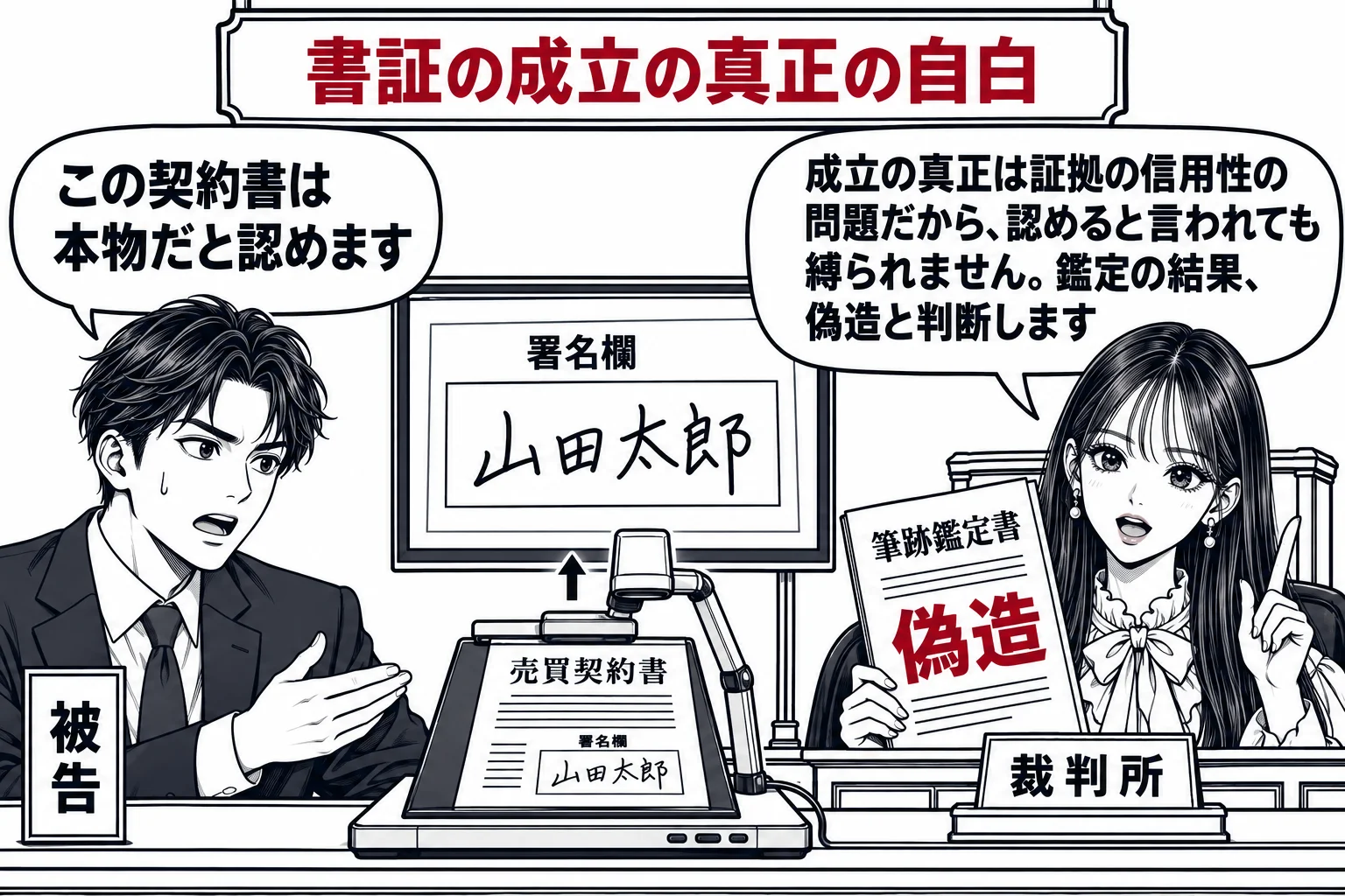 法廷の場面。証拠として売買契約書が書画カメラに映され、その署名欄が拡大されている。被告代理人（札「被告」）の吹き出し「この契約書は本物だと認めます」。裁判官席の先生（札「裁判所」）が筆跡鑑定書を手にしており、吹き出し「成立の真正は証拠の信用