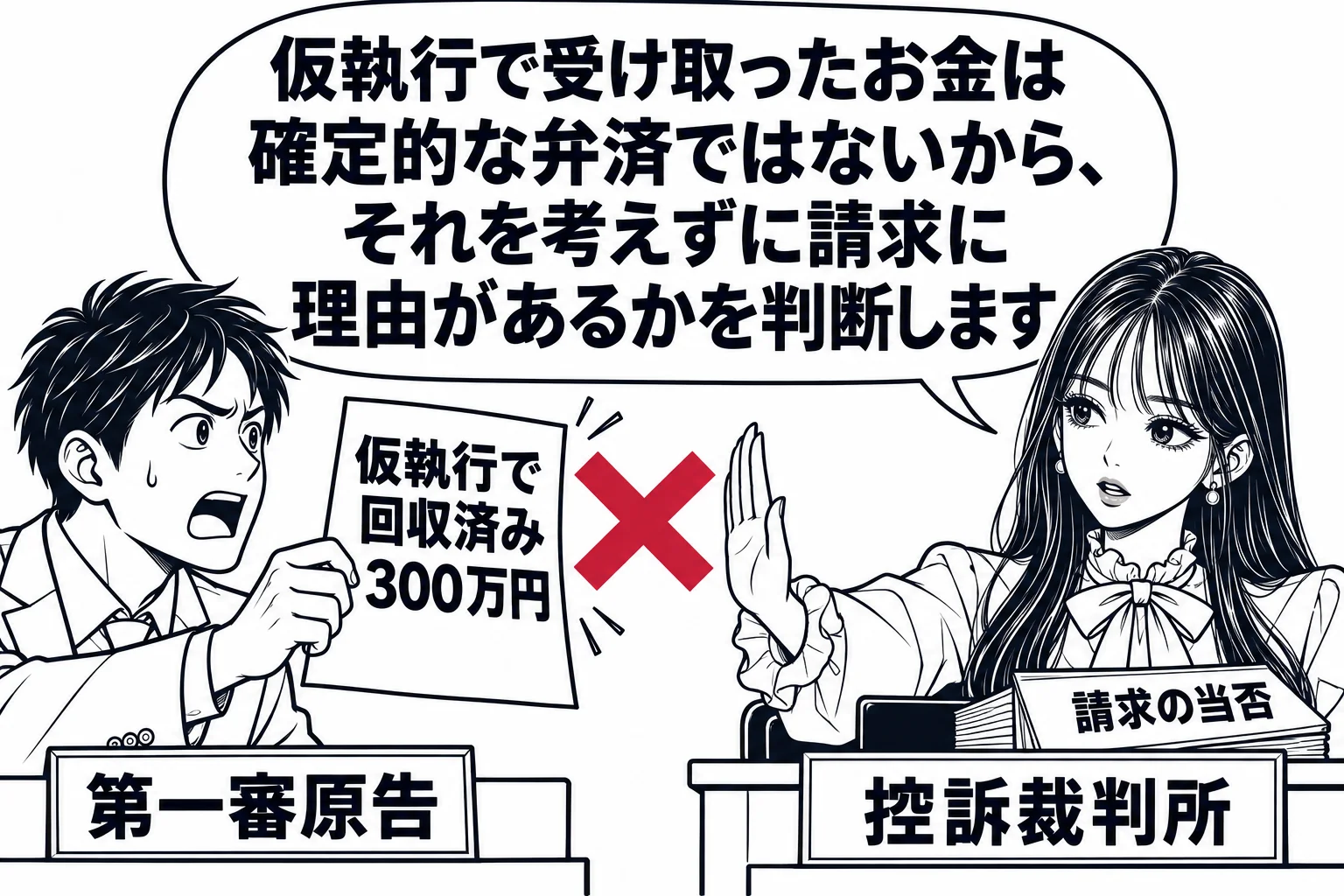 控訴審の法廷の場面。法壇の先生（札「控訴裁判所」）の前に、原告側の男性（札「第一審原告」）が「仮執行で回収済み 300万円」と書いた紙を掲げているが、先生はその紙に手のひらを向けて退けている。先生の机の上の記録に「請求の当否」と書かれている