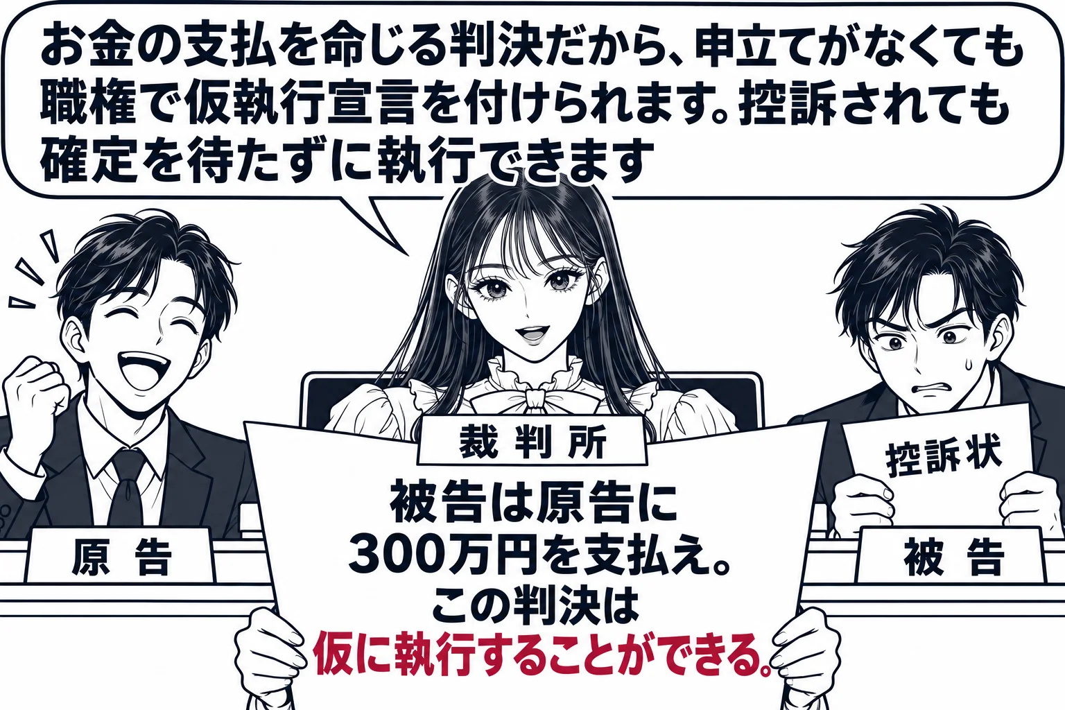 公開の法廷の場面。法壇の先生（札「裁判所」）が判決の主文を読み上げ、主文の紙に「被告は原告に300万円を支払え。この判決は仮に執行することができる。」と書かれている。原告席の男性（札「原告」）が安堵し、被告席の男性（札「被告」）が控訴状を握