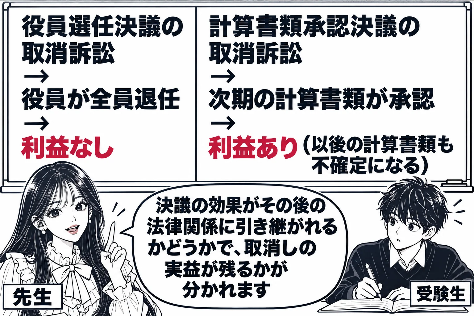 教室の場面。先生が教師役（札「先生」）で黒板の前に立つ。黒板の左に「役員選任決議の取消訴訟 → 役員が全員退任 → 利益なし」、右に「計算書類承認決議の取消訴訟 → 次期の計算書類が承認 → 利益あり（以後の計算書類も不確定になる）」と書か