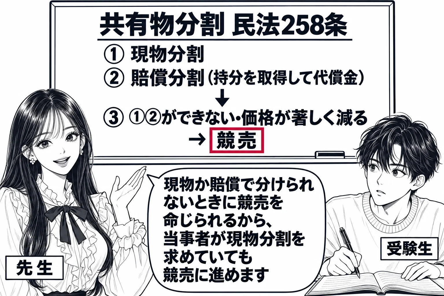 教室の場面。先生が教師役（札「先生」）で黒板の前に立つ。黒板に「共有物分割 民法258条」と書き、その下に段を3つ重ねた図で、上段「① 現物分割」「② 賠償分割（持分を取得して代償金）」、矢印の下の下段「③ ①②ができない・価格が著しく減る