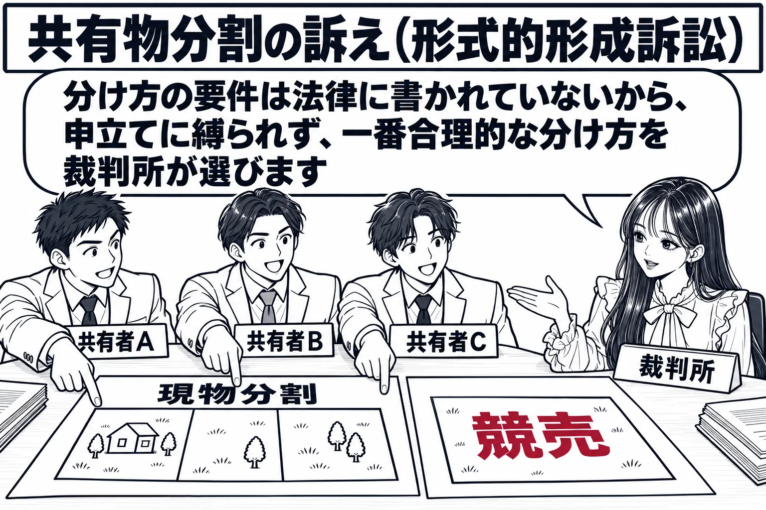 和解室のような小さな法廷の場面。机の上に土地の図面が広げられ、図面は3つに区切った案と、全体に「競売」と書いた案の2枚。向かいの席に男性3人（札「共有者A」「共有者B」「共有者C」）が並び、3人とも図面の「現物分割」の案を指さしている。先生