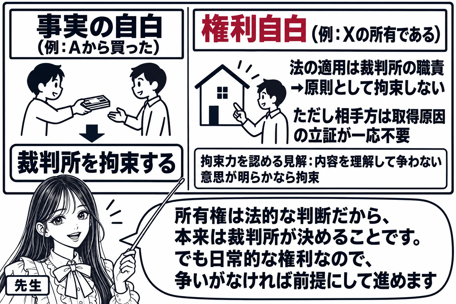教室の黒板の板書の図解。左に「事実の自白（例：Aから買った）」として「裁判所を拘束する」、右に「権利自白（例：Xの所有である）」として「法の適用は裁判所の職責→原則として拘束しない」「ただし相手方は取得原因の立証が一応不要」と書かれている。