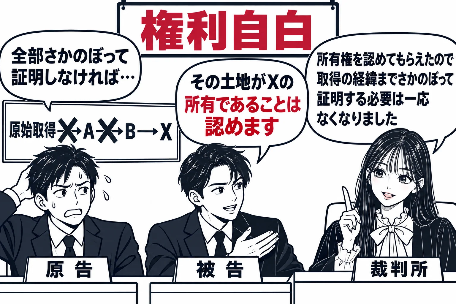 法廷の場面。原告代理人（札「原告」）の背後のパネルに「原始取得→A→B→X」と所有権の移転の矢印が長く連なる図が描かれ、原告代理人が汗をかいて「全部さかのぼって証明しなければ…」とつぶやいている。被告代理人（札「被告」）が「その土地がXの所