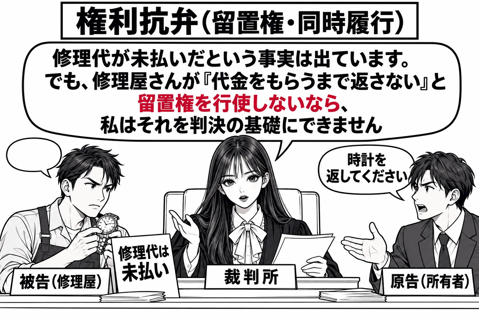 時計の修理店のカウンターを法廷に見立てた場面。左に修理屋の男性（札「被告（修理屋）」）が時計を手に持ち、右に客の男性（札「原告（所有者）」）が「時計を返してください」と言っている。後方に裁判官席があり、先生が裁判官役（札「裁判所」）として座