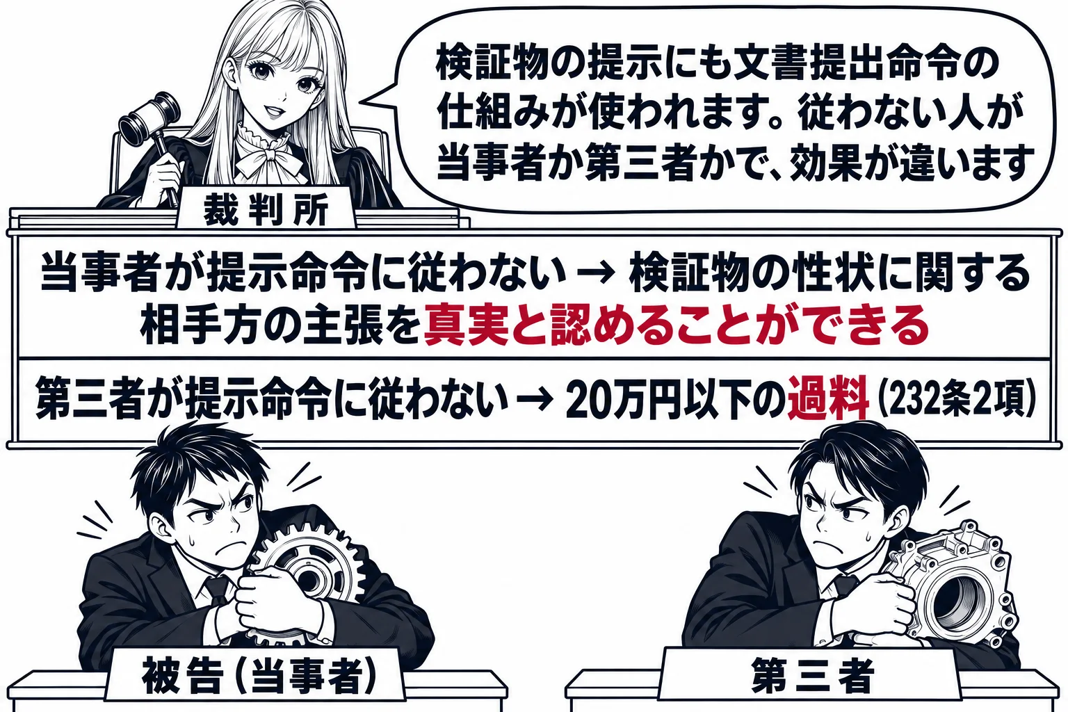 法廷の場面。法壇に先生が裁判官役（札「裁判所」）として座る。手前に二つの席があり、左の席の男性（札「被告（当事者）」）と右の席の男性（札「第三者」）がそれぞれ機械の部品を抱えて渡さずにいる。法壇の前の板書に二段で「当事者が提示命令に従わない